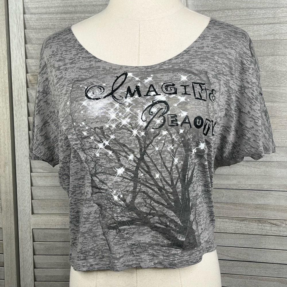 MUDD Gray Burnout Cropped Graphic Tee-XS